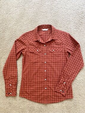Stio Eddy Pearl Snap Button Down Long Sleeve Orange Cedar Plaid XS
